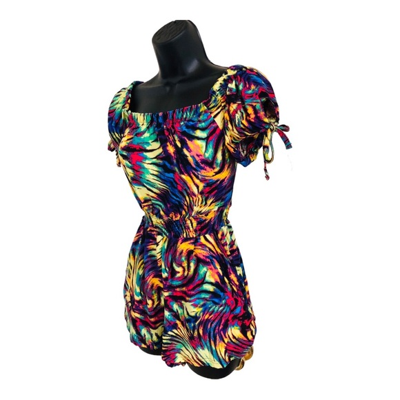 Supercute off the shoulder colorful tie dye look elastic hem romper size large - Picture 1 of 16